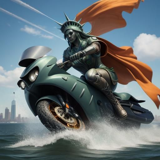 Statue of Liberty Rides Motorcycle: Fantasy Concept Art
