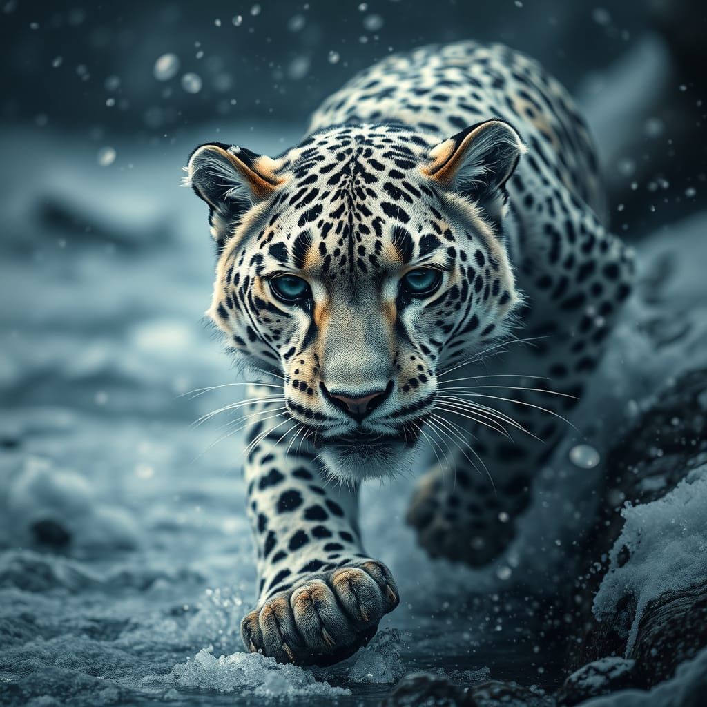 Snow Leopard in Turbulent Snowstorm, High-Definition Pen-and...