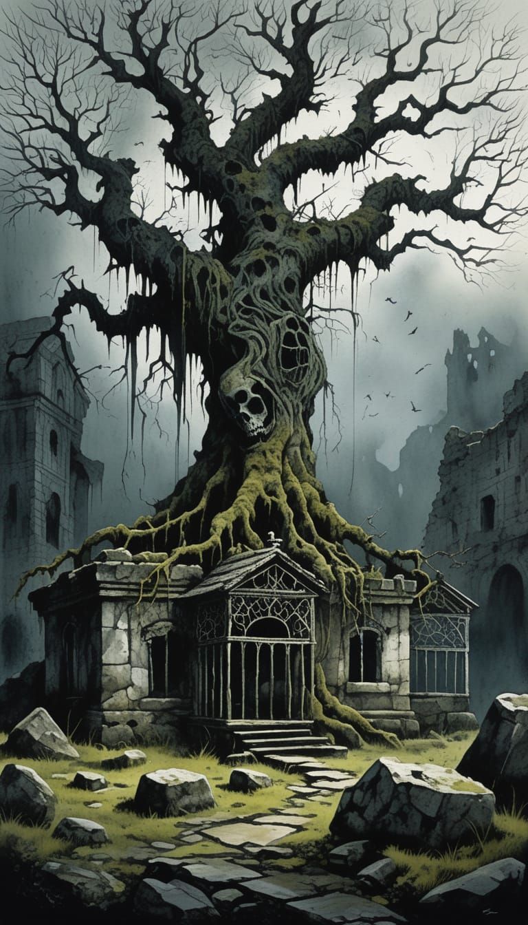 Ancient Gnarled Tree with Skeletal Branches Over Ruin