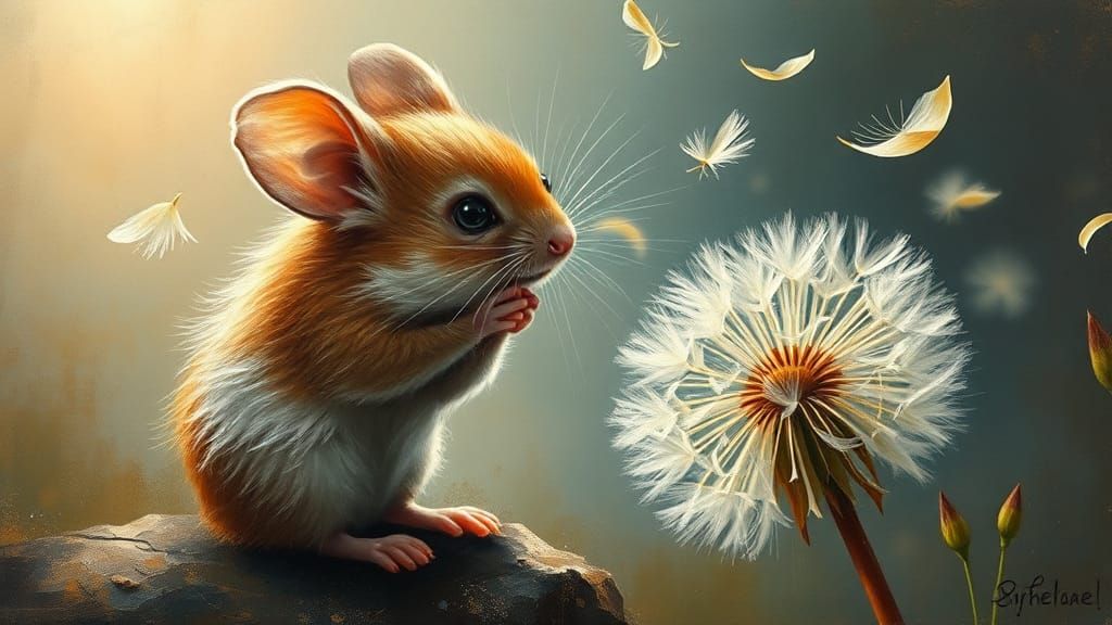 Mouse and Dandelion in Oil Painting Style