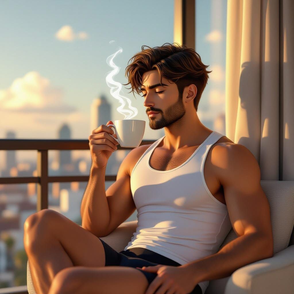 Sleek Man Sips Coffee on Modern Balcony