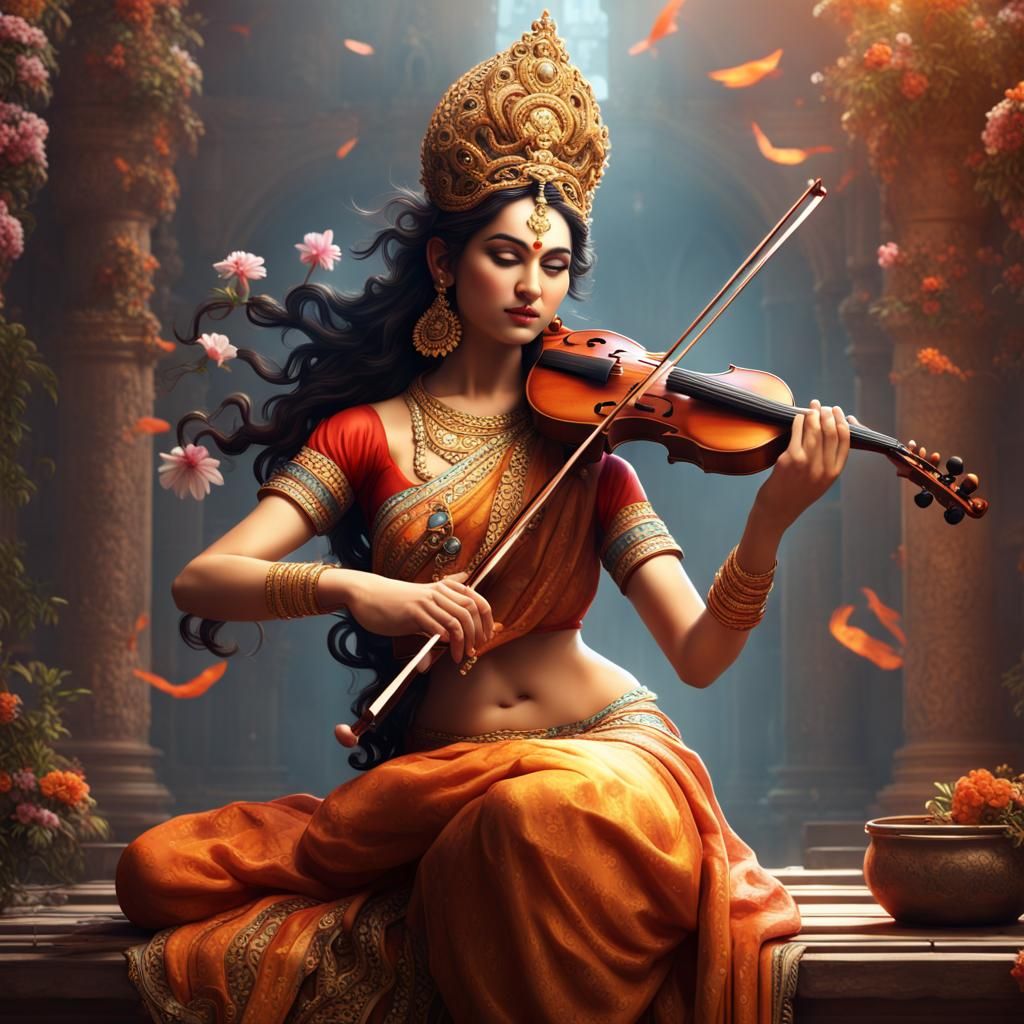 Goddess Saraswati Plays Violin: Fantasy Concept Art