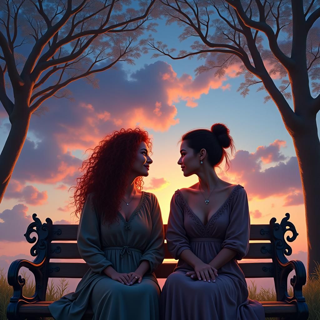 Two Women Share a Moment Under a Fantastical Sky