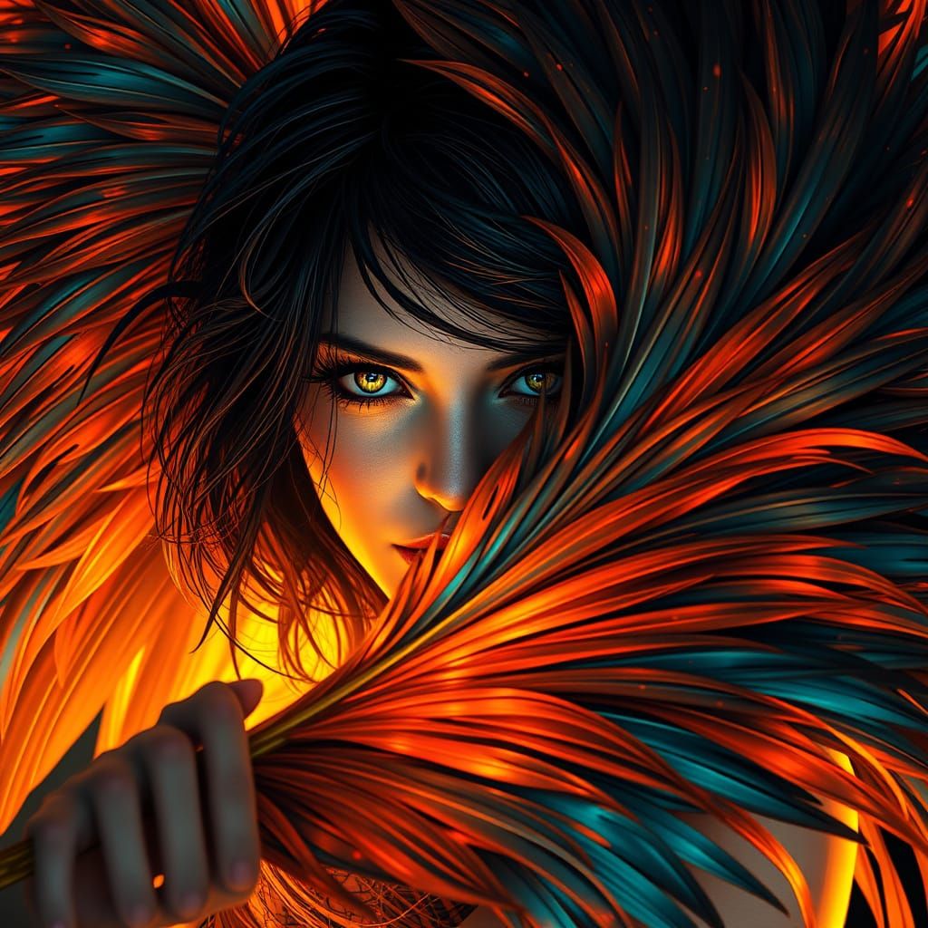 Intriguing Woman with Raven Feather Fan