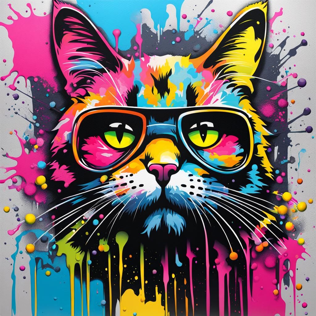 Colorful Graffiti Cat Up To Bat, Splash Art