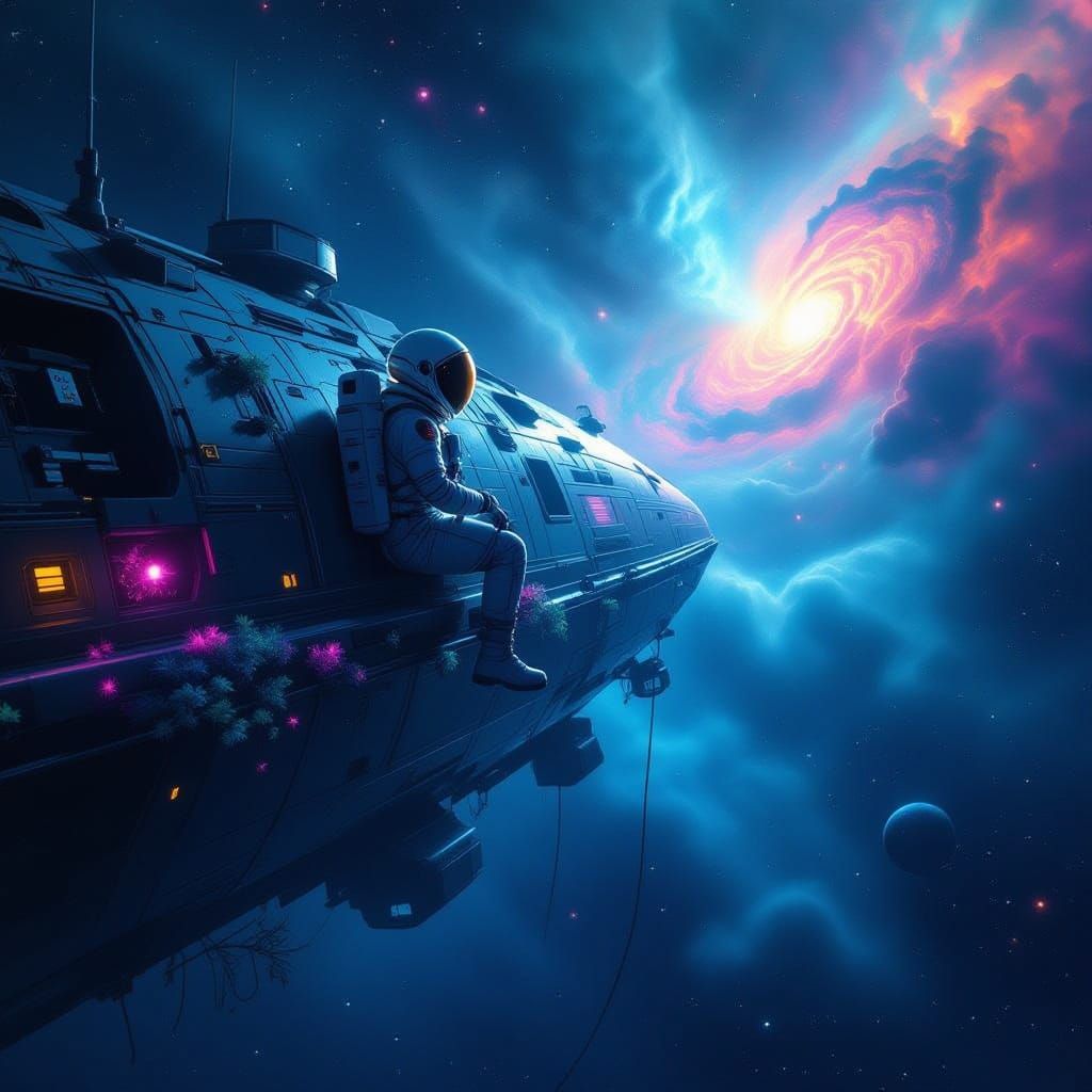 Astronaut Adrift Near Derelict Ship with Alien Flora