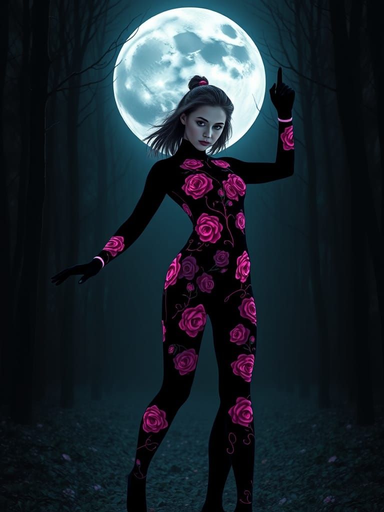 Woman Dancing in Neon Noir Forest