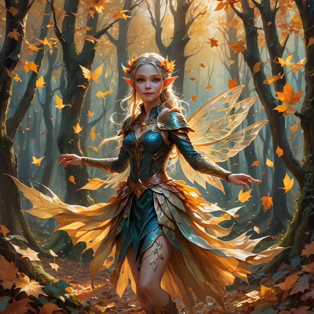 Enchanted Fairy Elf in Autumnal Forest: Oil Painting