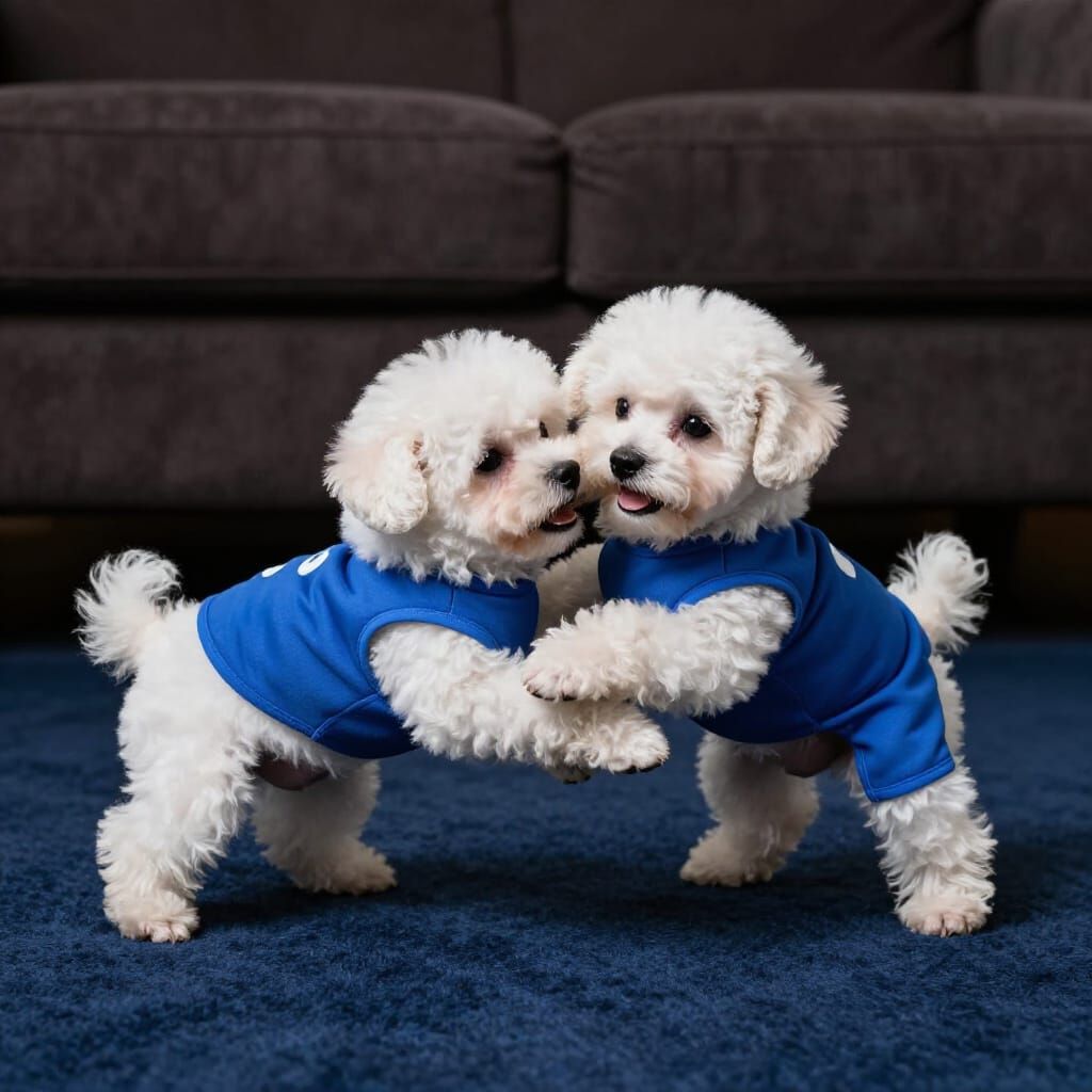 Cute Poodle Puppies Wrestle in Blue Unitards