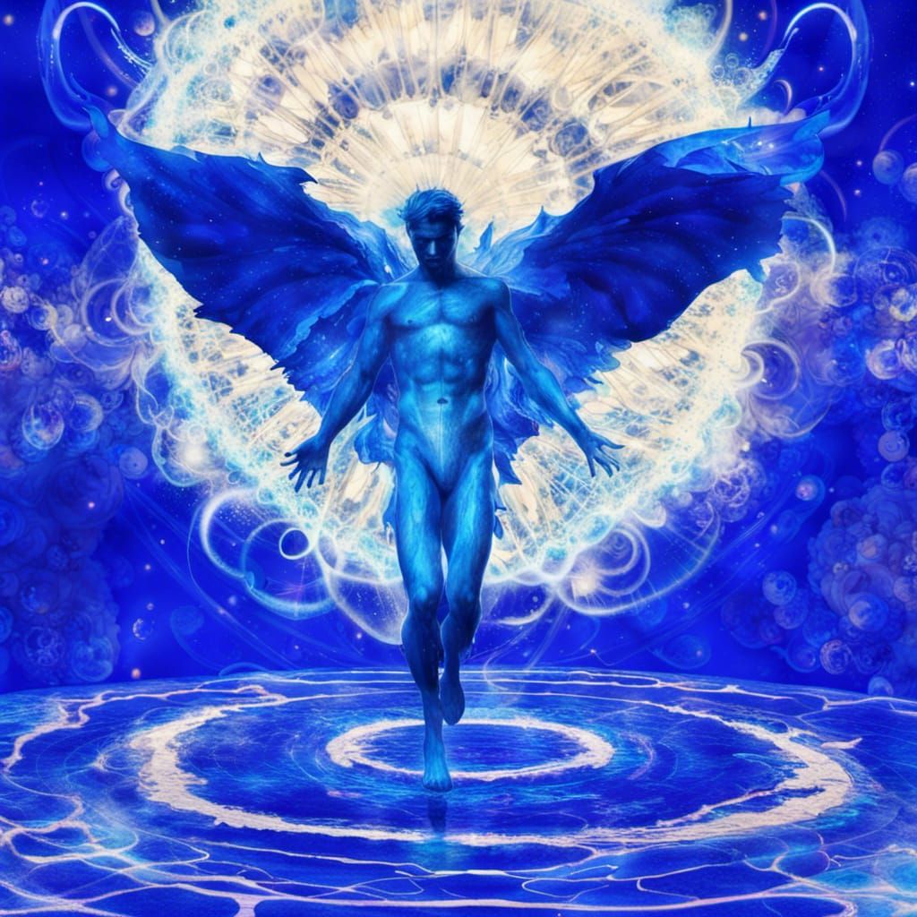 Man with Iridescent Wings in Kinetic Water Dress