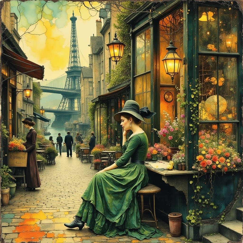 Steampunk Woman at Cafe in Victorian Style