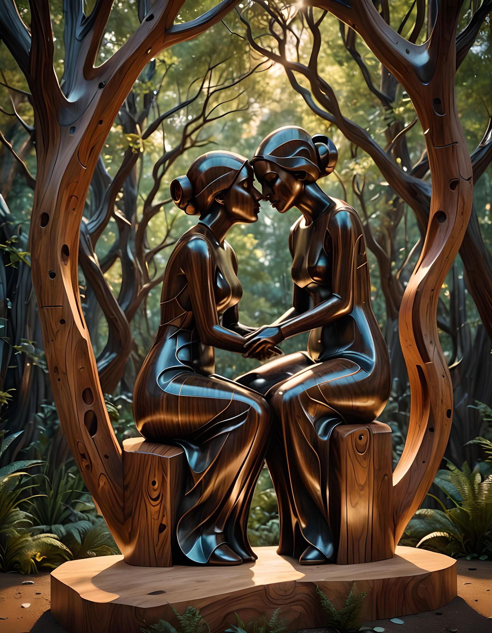 Abstract Wooden Sculpture of Kissing Girls