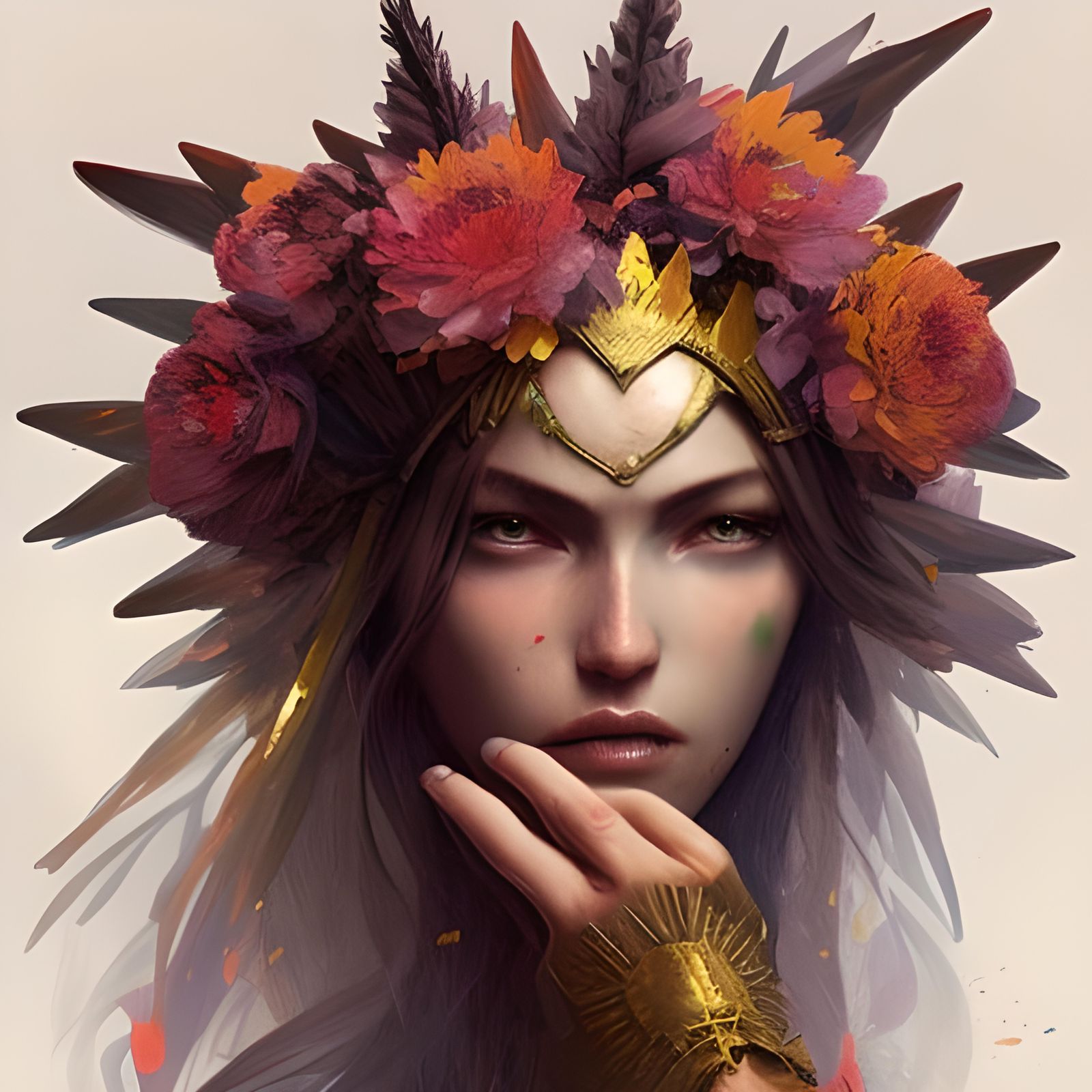Floral Crowned Warrior Portrait in Hyperdetailed Style