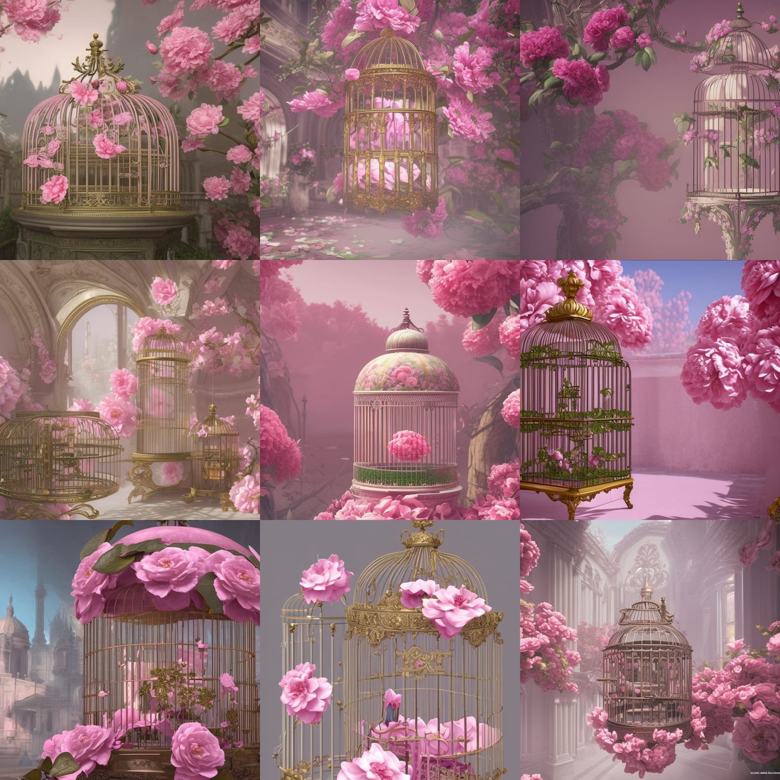 Baroque Birdcage with Camellias: Detailed Matte Painting