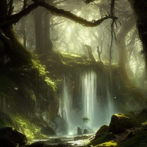 Magical Waterfall Forest in a Dark Fantasy Style