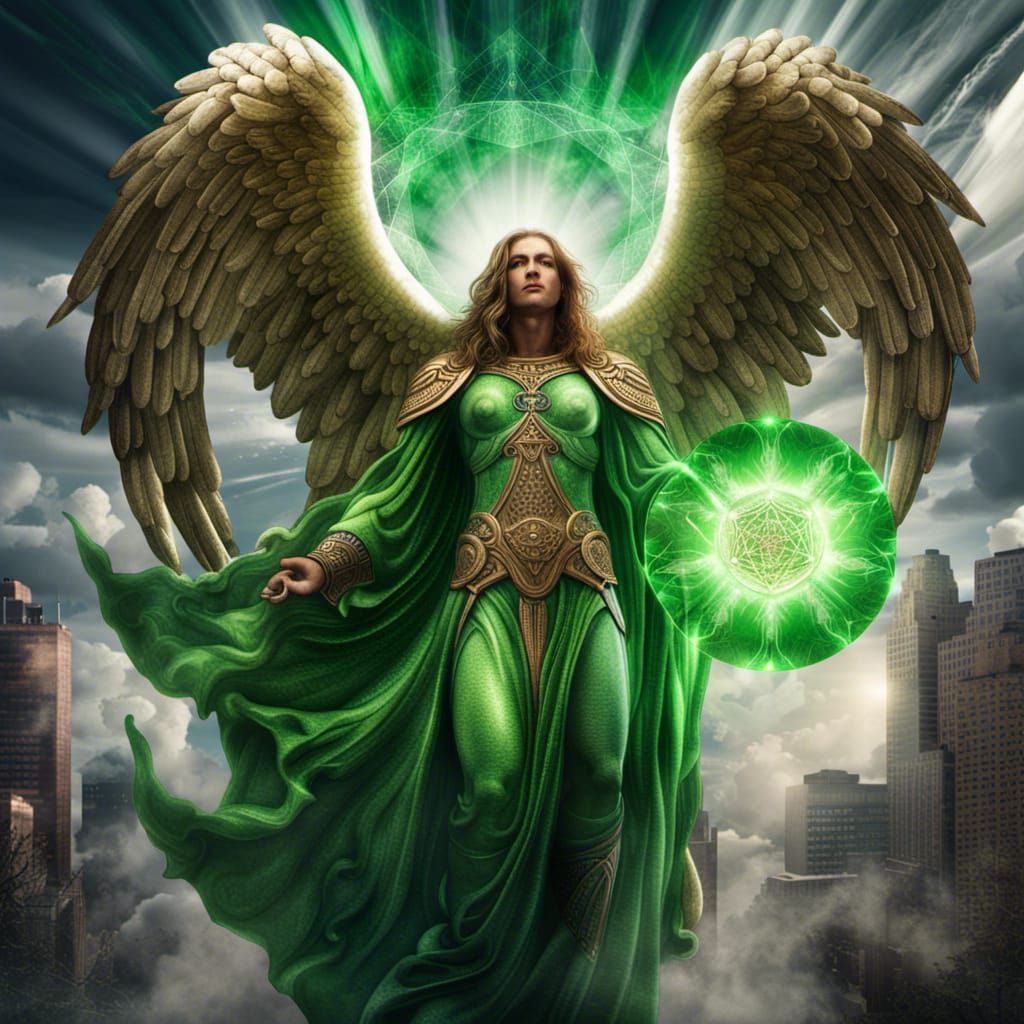 Archangel Raphael with a green aura, riding Metatron's cube