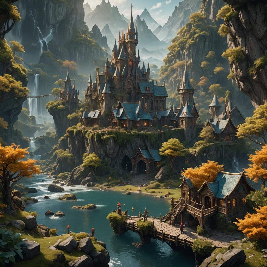 Fantastical Elves in a Vibrant, Detailed Landscape