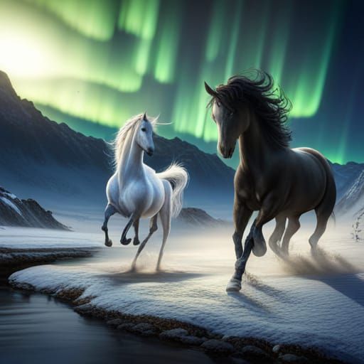 Unicorn and Horse Dancing in Snow Under Northern Lights