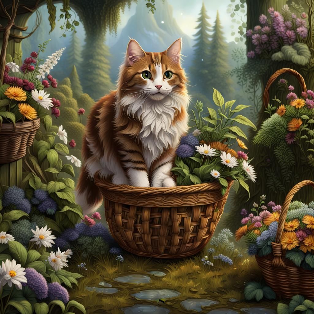 Tabby Cat with Flowers: Fantasy Concept Art