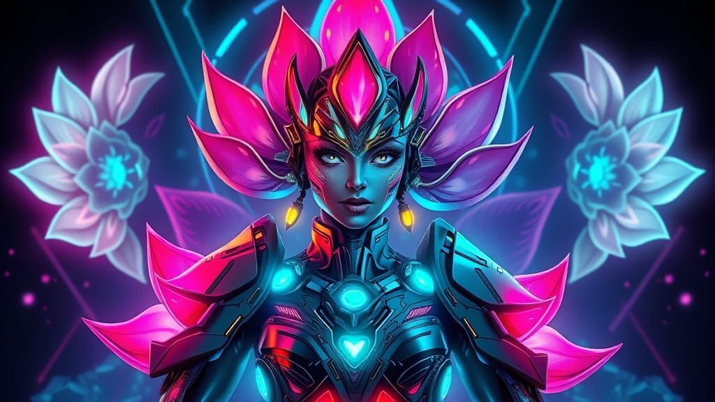 Cyber Lotus Queen in Neon Sci-Fi Armor