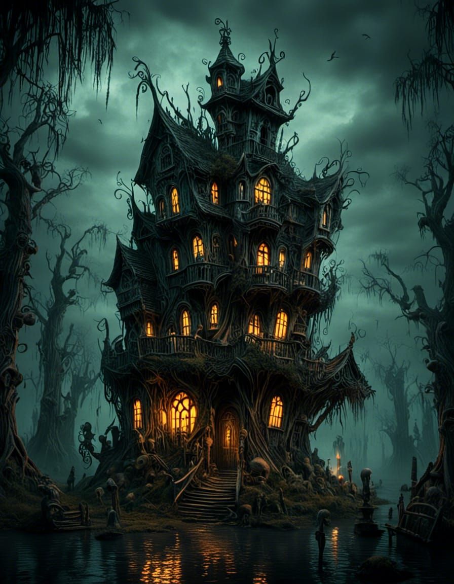 Creepy Haunted House in Swamp: Gothic Concept Art