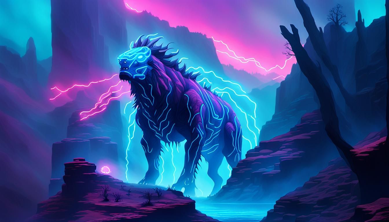 Synthwave Beast Emerges in Neon-Lit Canyon