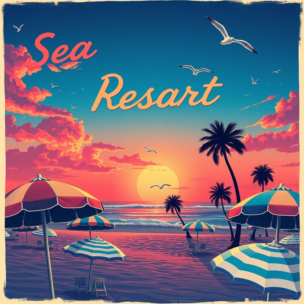 Vintage Seaside Resort Travel Poster in Retro Style