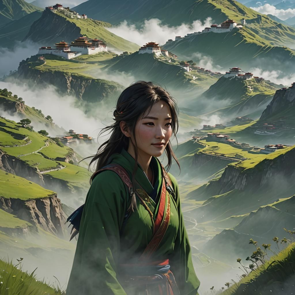 Shy Girl Smiling on Foggy Hill: 3D Anime Art