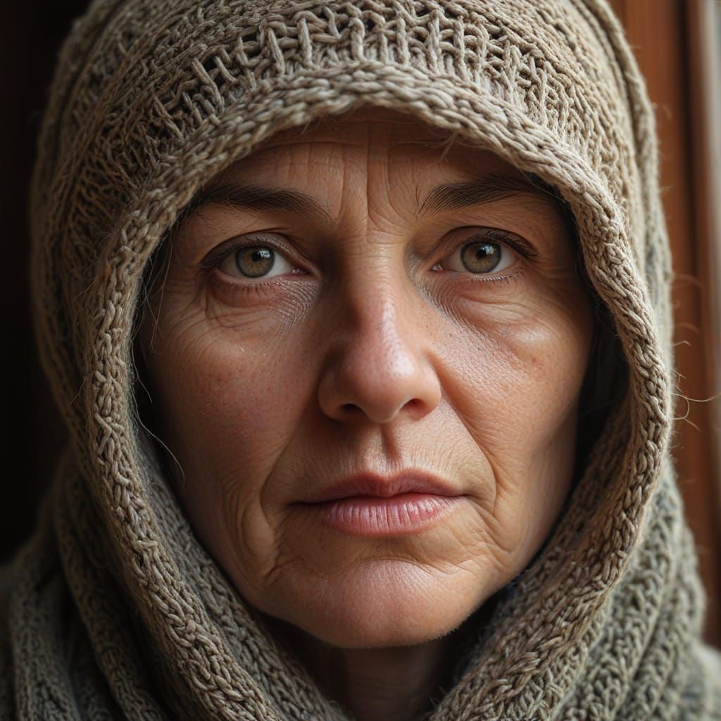 Hyperrealistic Portrait: Aged Face at Dusty Window