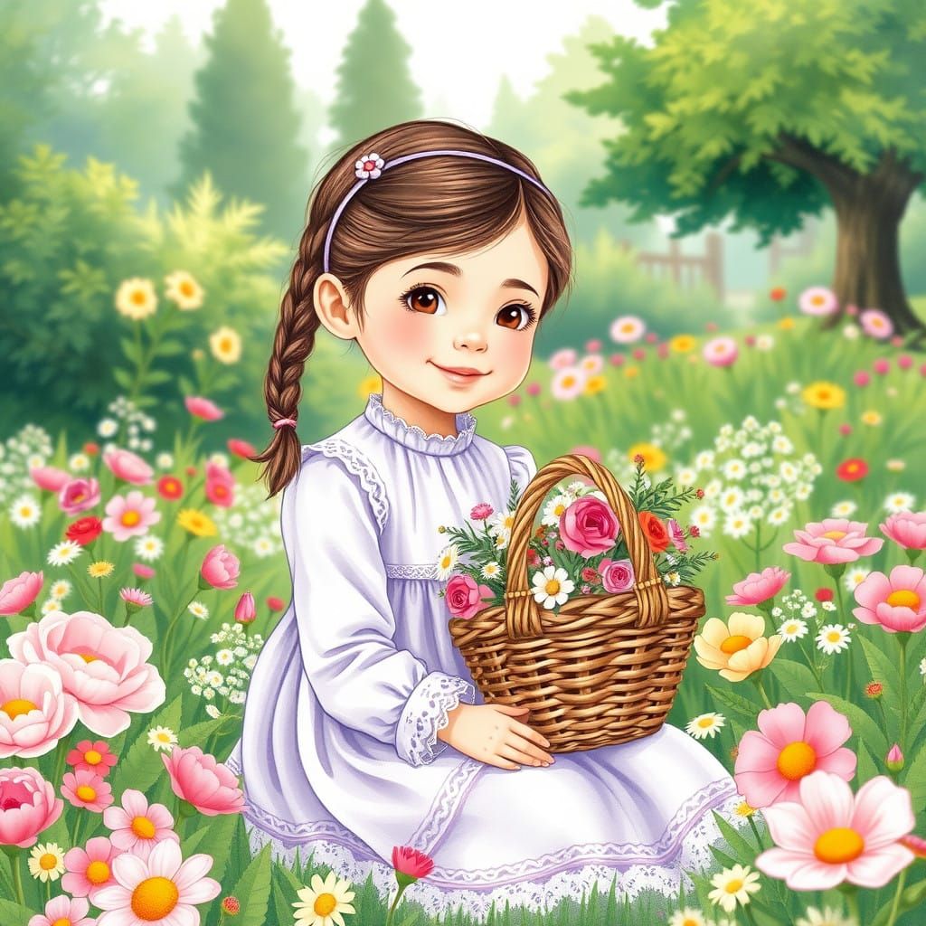 Whimsical Lavender Garden Scene with Seated Girl