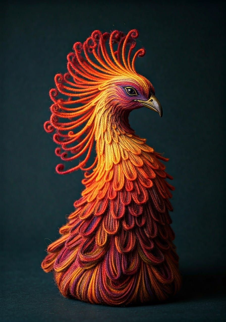 Majestic Phoenix Rising: 3D Wool String Sculpture