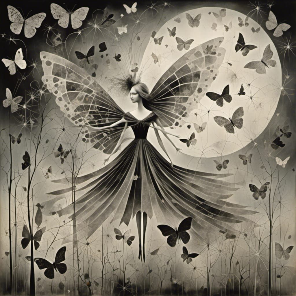 <lora:Dreams Photogram:1.0> Zebra angel fairy     in a Million butterfly dreamscape,  making wishes , Salvador Dali coll...