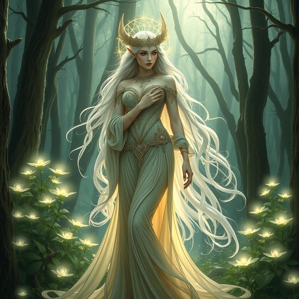 Ethereal Elven Queen in Ancient Forest Glade