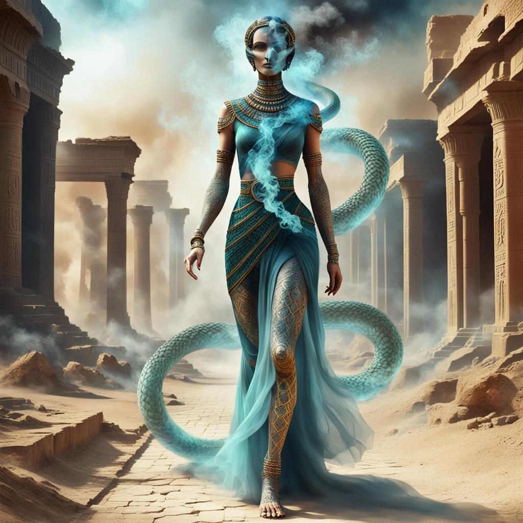 Crystal Serpent Woman Walks to Egypt Ruins