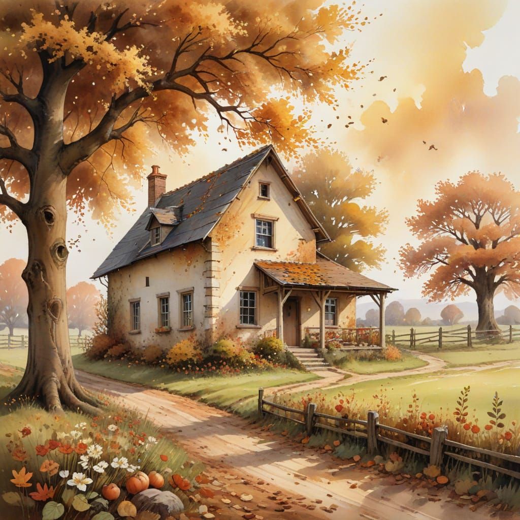 Whimsical Farmhouse in Golden Autumn Light
