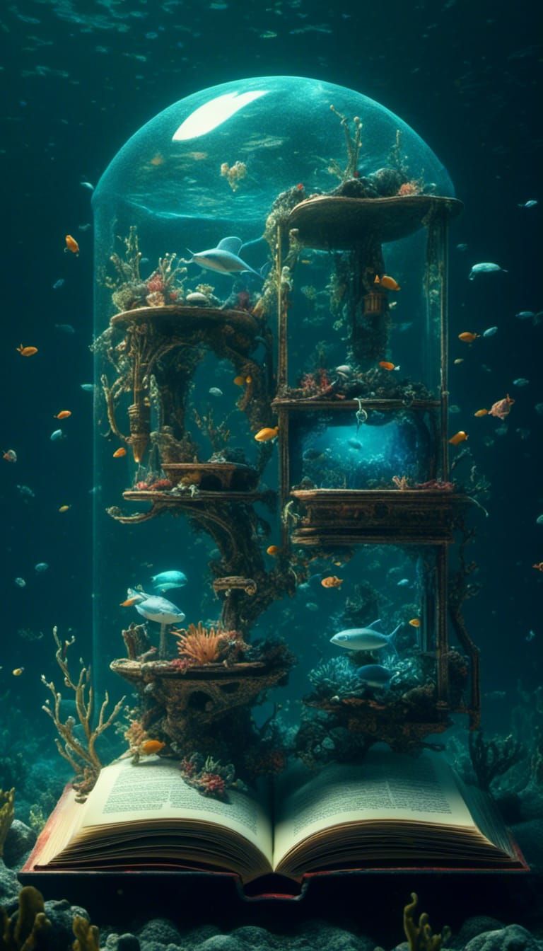 Cute Robot Reads in Underwater Library