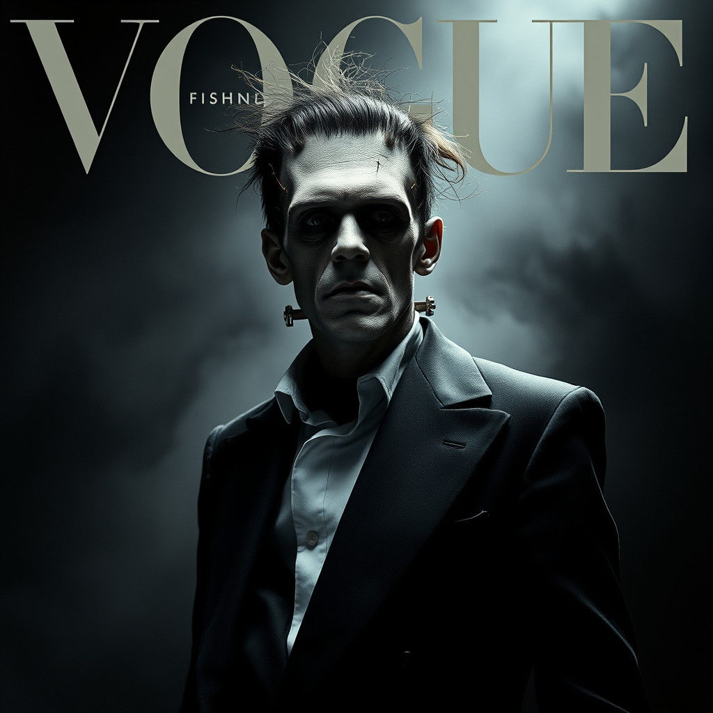 The cover of Vogue. Frankenstein, reimagined in a hauntingly elegant haute couture ensemble, stands amidst a dark, atmos...