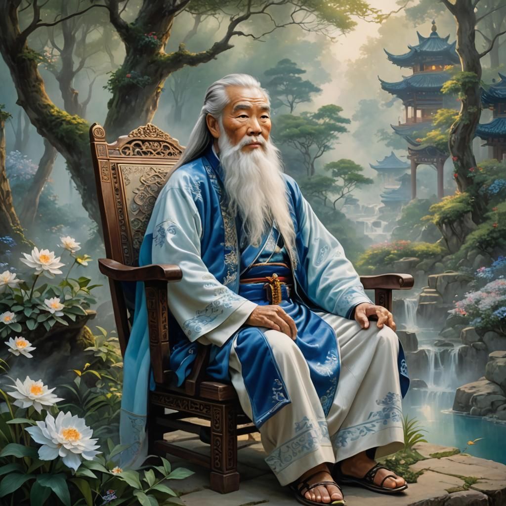 Old Chinese Man in Forest, Hyperdetailed Fantasy