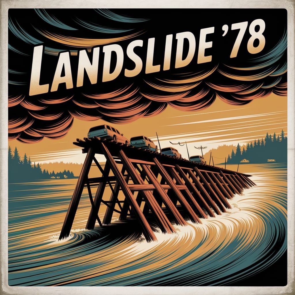 Landslide Disaster in 1970s Style Poster