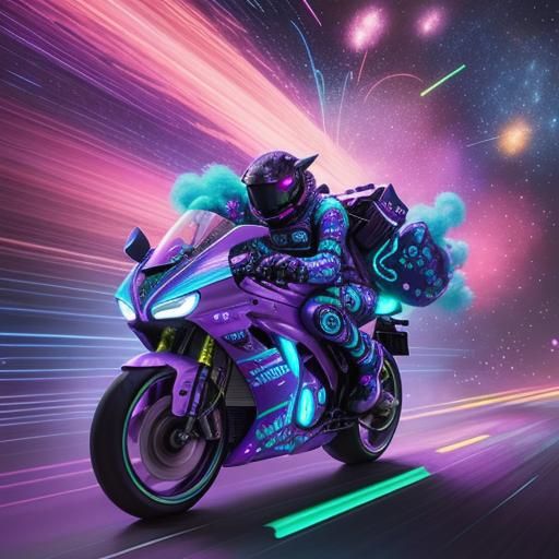 Purple Owl Rides Motorcycle Through Space in Candy Art