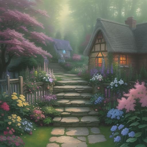 Ethereal Cottage Garden Steps in Fantasy Style