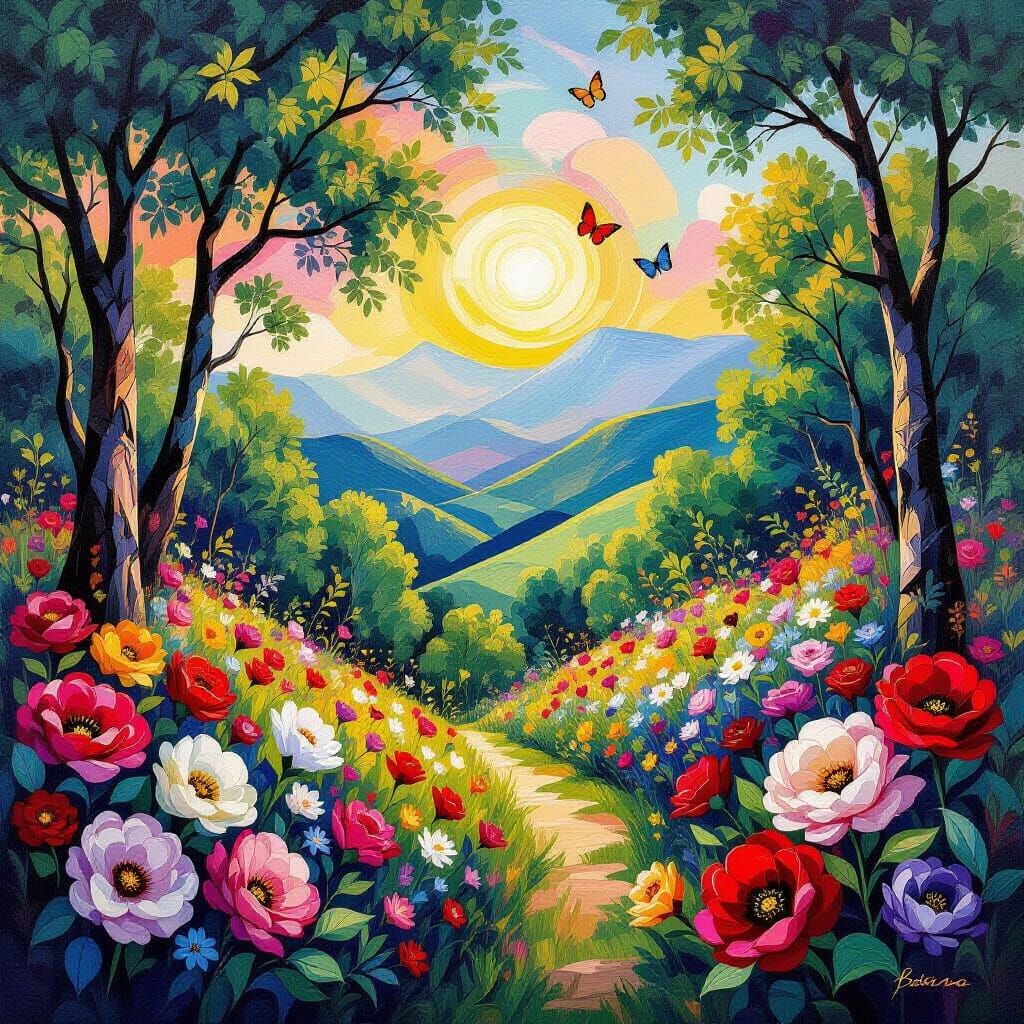 Vorticist Masterpiece of Blooming Nature and Butterflies