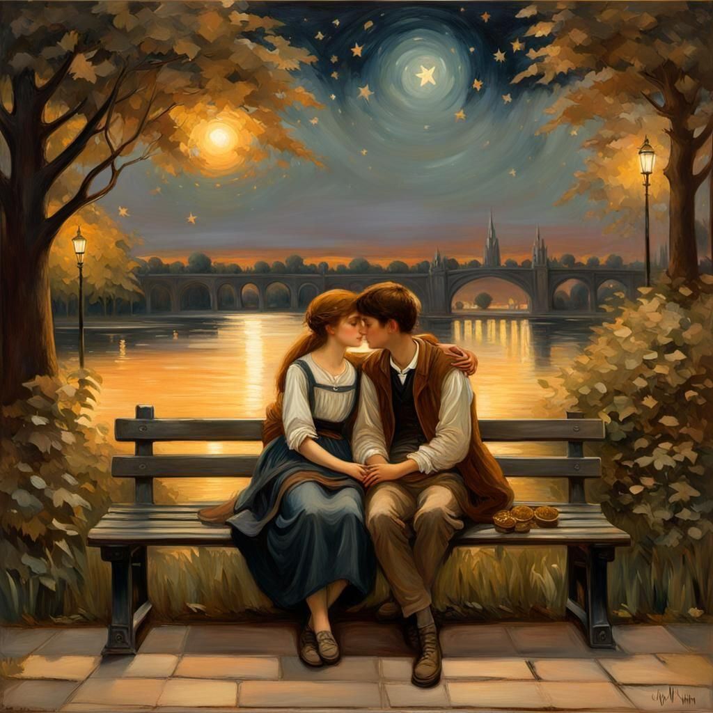 Romantic Couple Embrace in Evening Light, Pre-Raphaelite Sty...