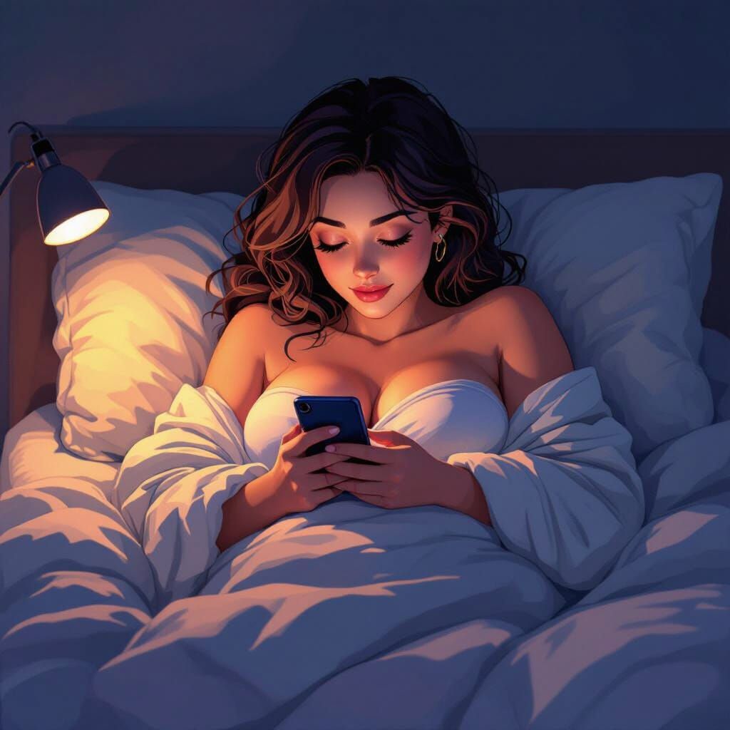Mature Woman Texting in Bed Anime Style