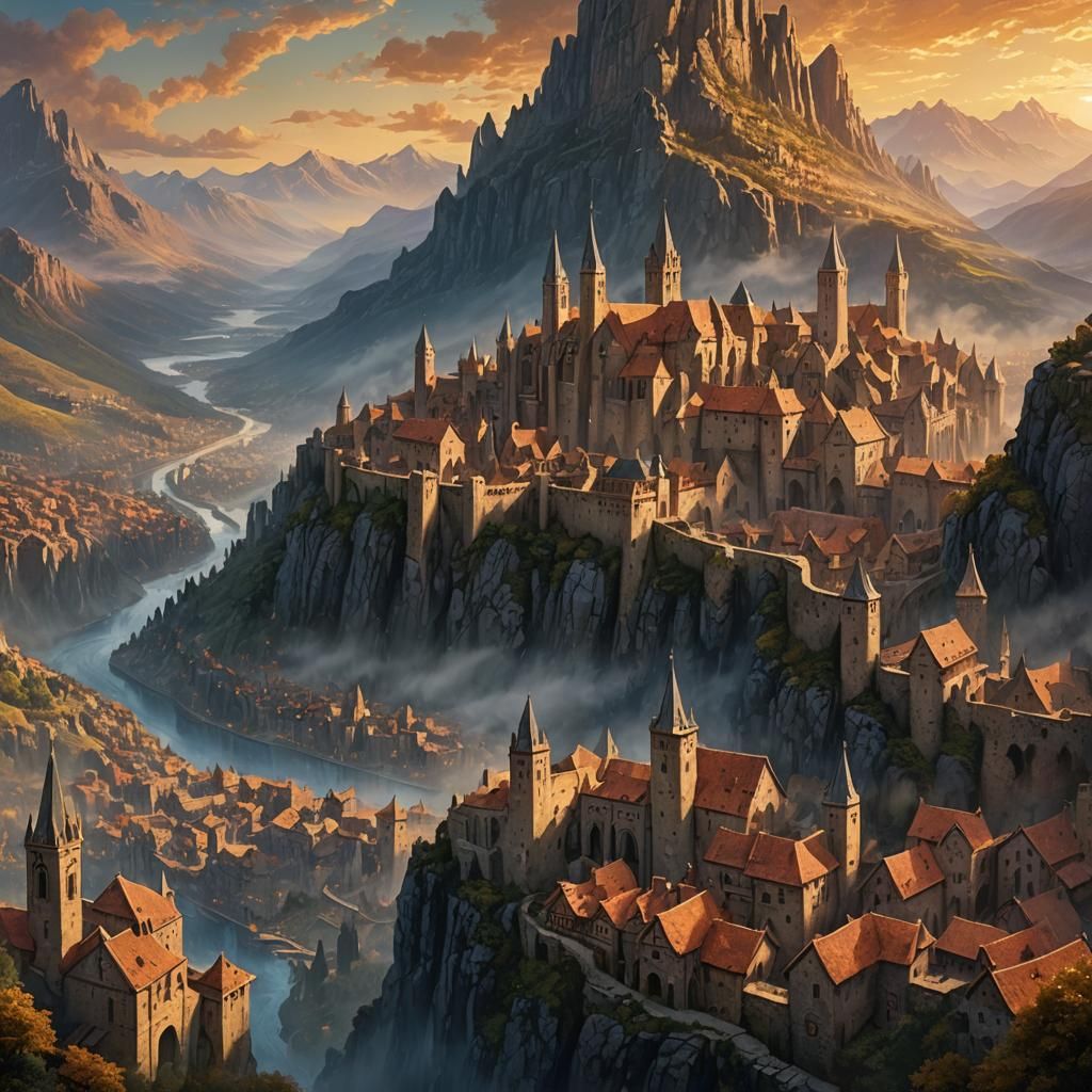 Medieval Metropolis Sunset: Detailed Matte Painting