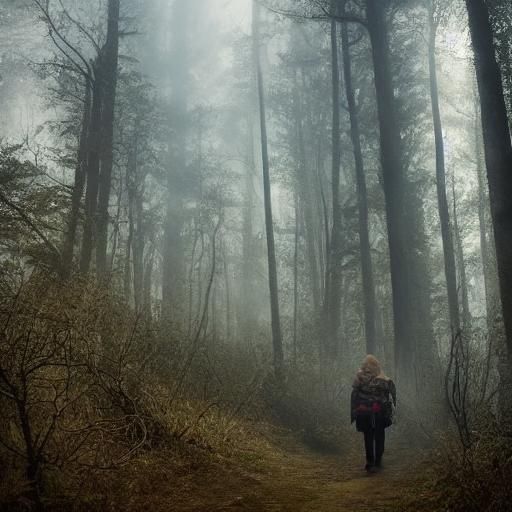 Mystical Woman Walks Forest Path: Digital Matte Painting