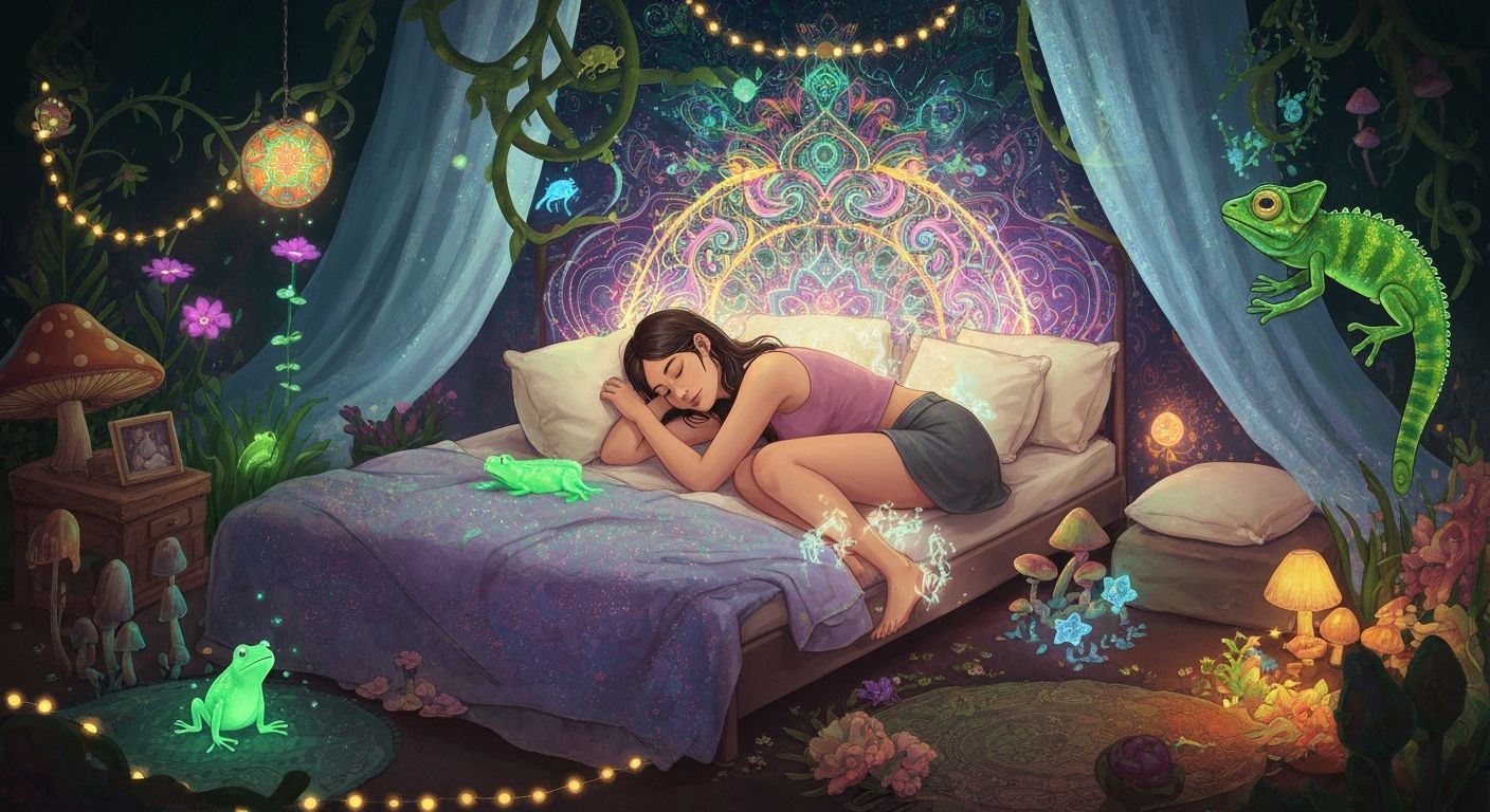 Ethereal Dreamscape: Woman Asleep in Bioluminescent Garden