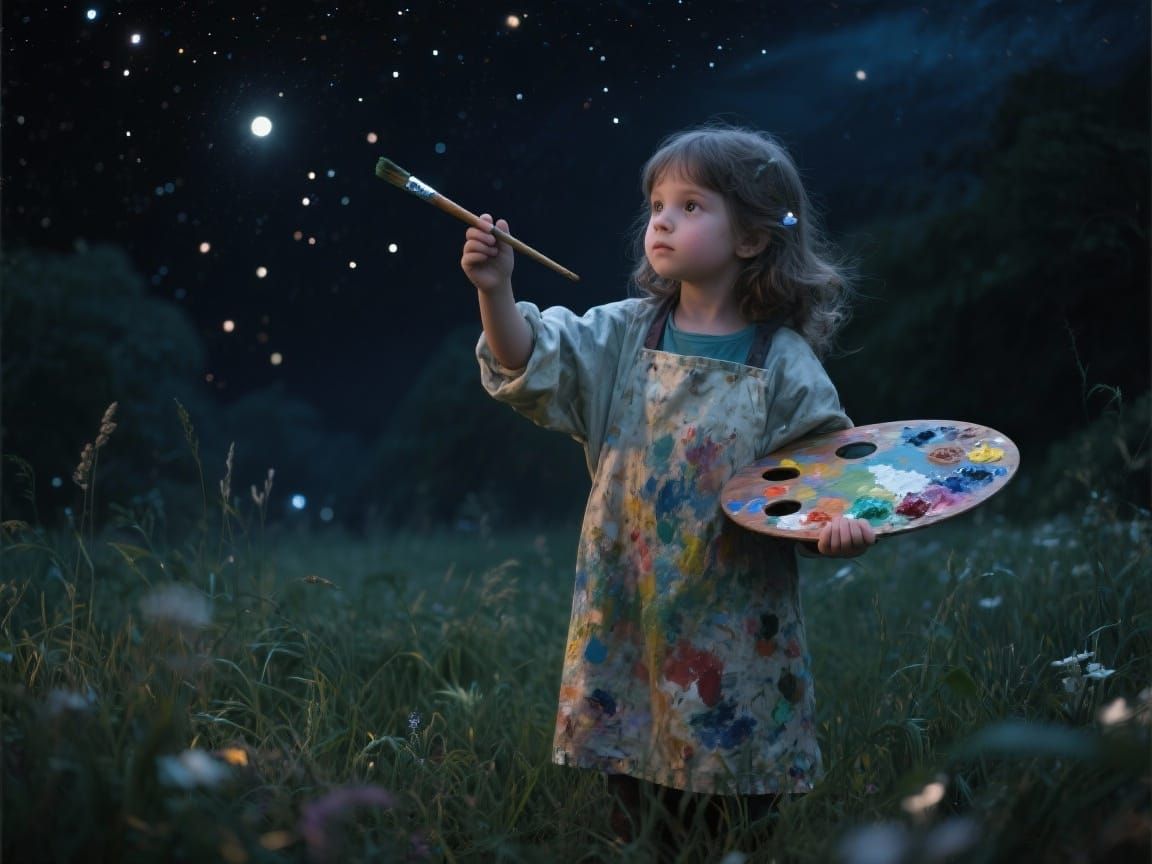 Girl Paints Stars into Night Sky in Moody Meadow
