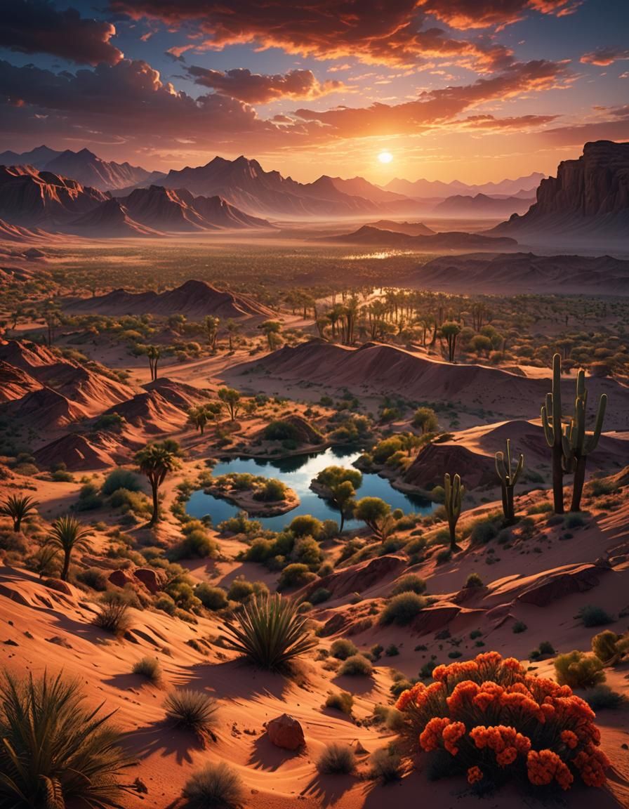 Mystical Desert Sunset over Oasis, Digital Illustration
