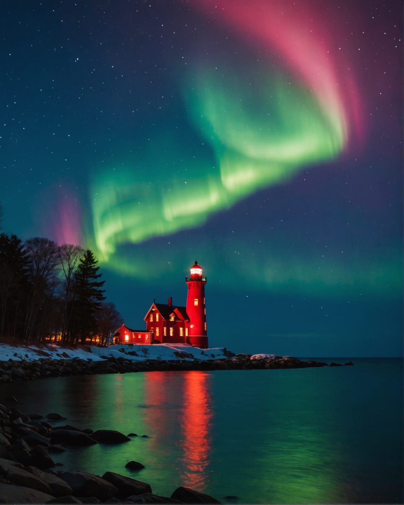 Big Red Lighthouse Under Northern Lights